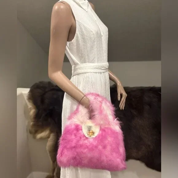 2 Tone Real Lamb Fur Handmade Top Handle, Fold Over Flap Handbag, Crossbody bag - Picture 2 of 16